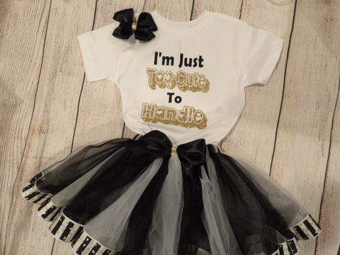 Black and White Striped Ribbon Trim Tutu and Bow With Tee